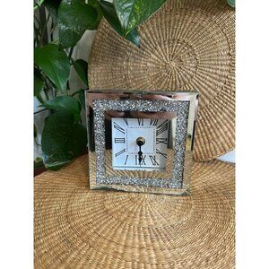Mirrored Glam Tabletop Clock with Crushed Crystal Border – 7x7”